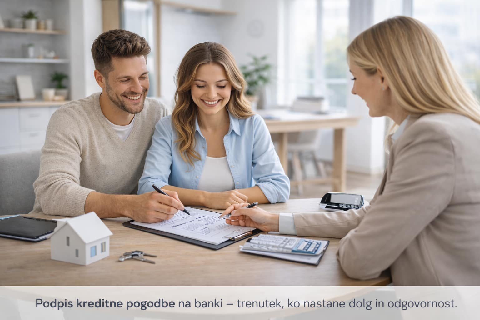 mlad par podpisuje kreditno pogodbo na banki stanovanjski kredit odgovornost